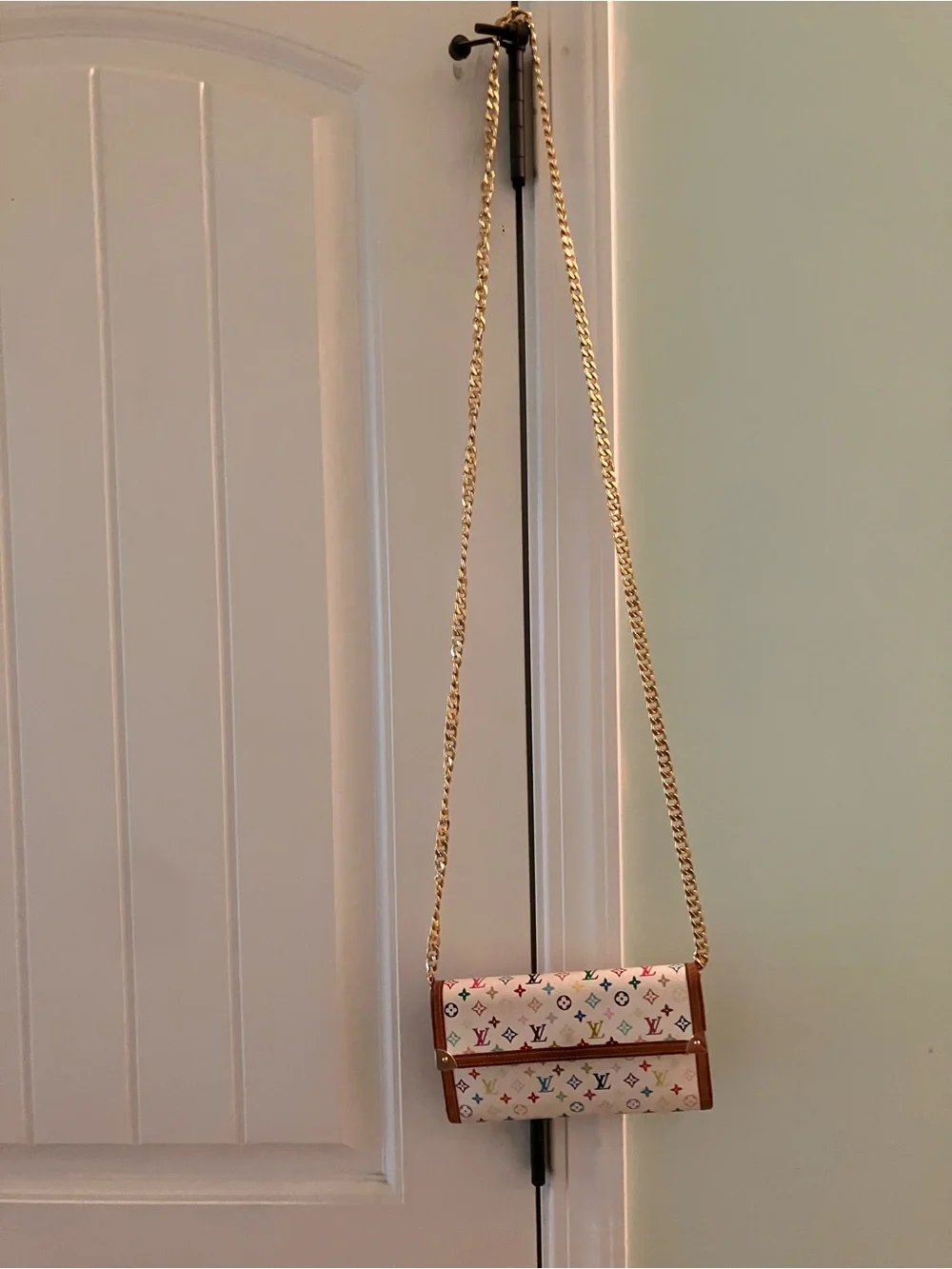 Louis Vuitton Multicolor Monogram White Flap Wallet on Chain with Gold Chain